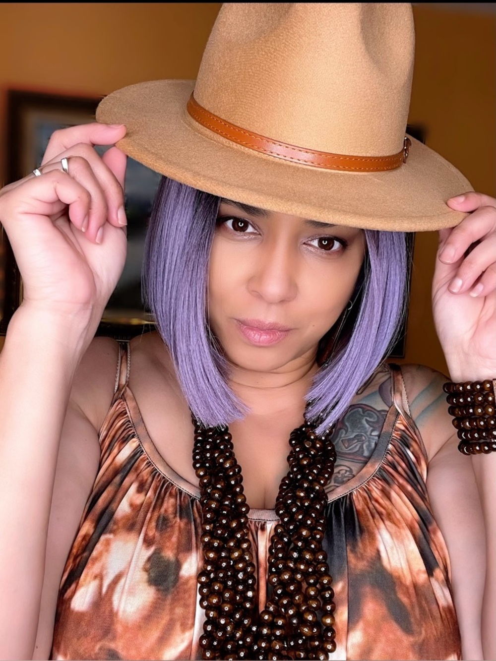 Tan Felt Wide-Brim Fedora with Leather Band